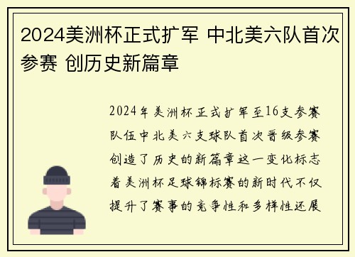 2024美洲杯正式扩军 中北美六队首次参赛 创历史新篇章