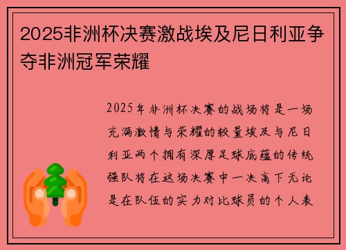 2025非洲杯决赛激战埃及尼日利亚争夺非洲冠军荣耀