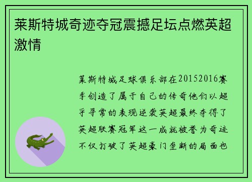 莱斯特城奇迹夺冠震撼足坛点燃英超激情